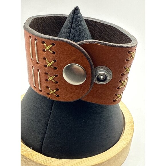 Handcrafted Adjustable Brown Leather Cuff Bracelet Decorative Stitching - Picture 6 of 7